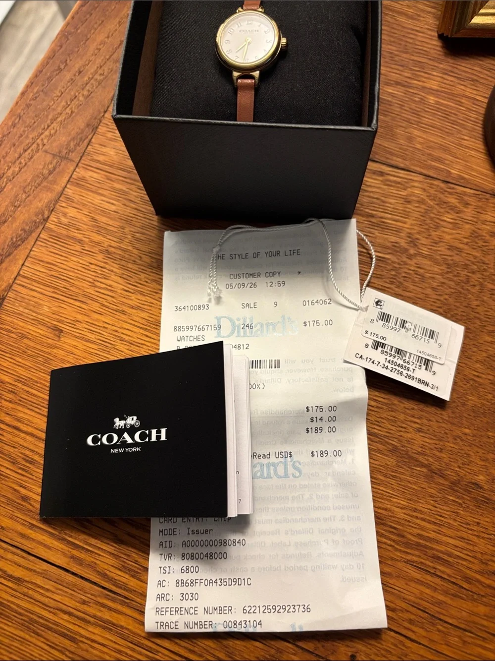 COACH Women's Brown Leather Strap Watch with Gold Case